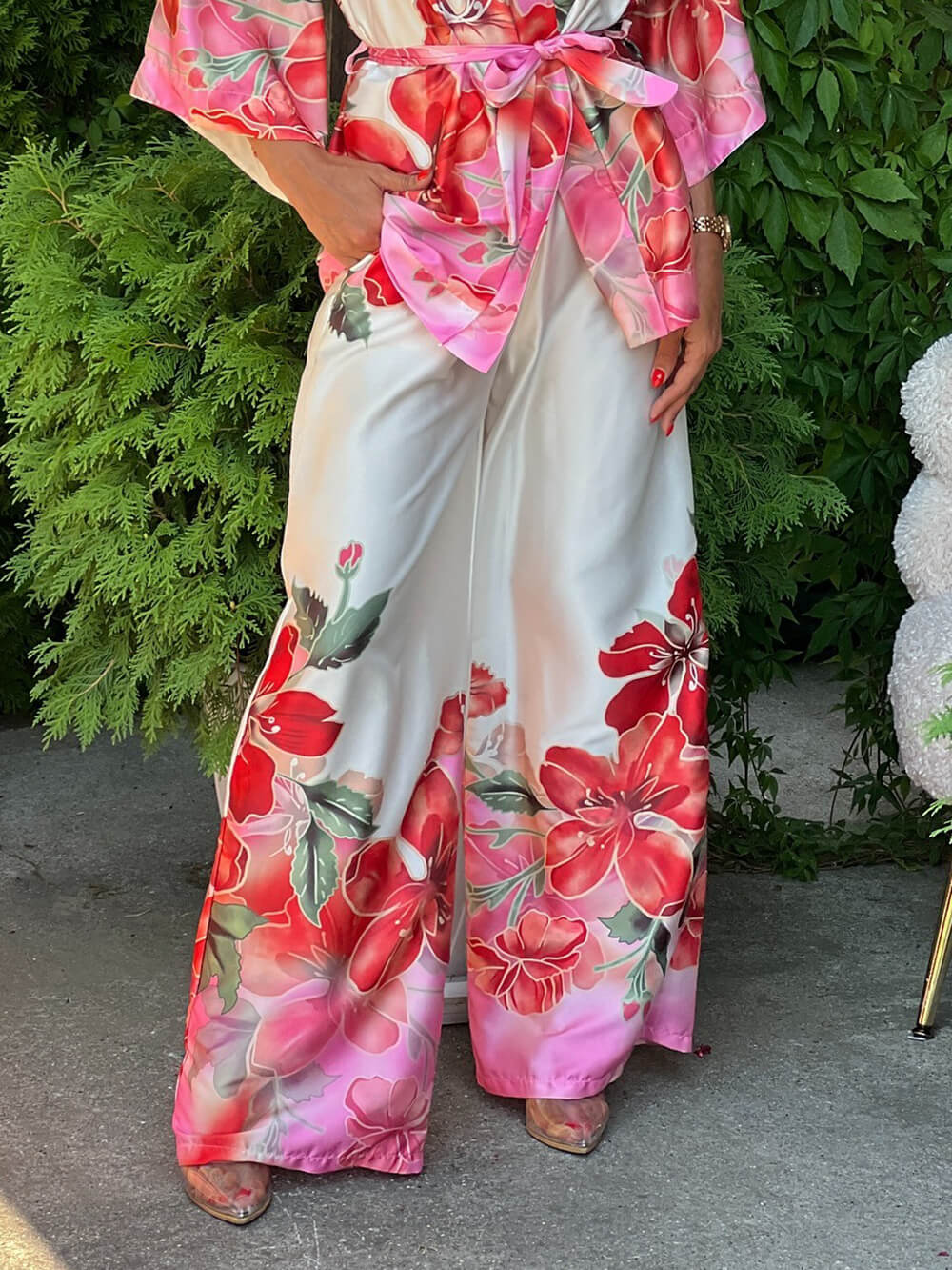 Delicate Floral Print High-Waist Pocket Satin Wide-Leg Pants Pink