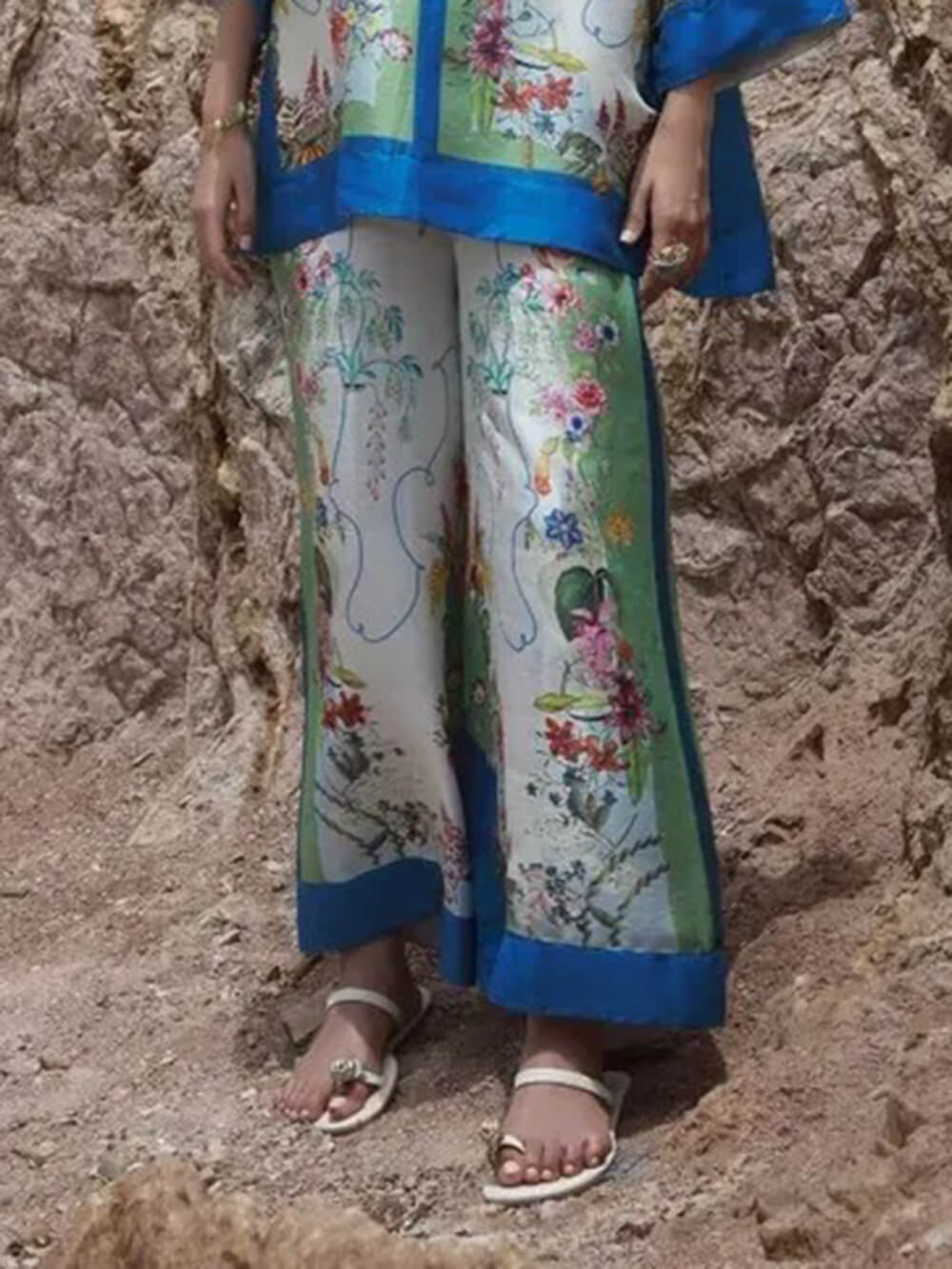 Modern Satin Floral Patchwork Wide-Leg Pants Multi-color