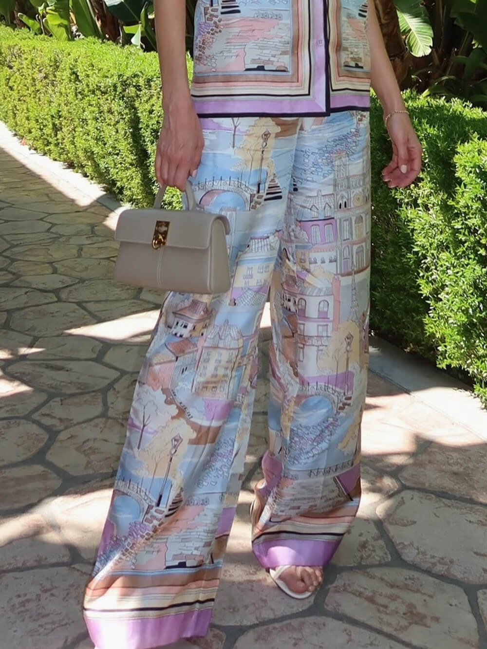 Unique Contrast Patchwork Print Loose Elastic Waist Pocket Wide Leg Pants Multicolors