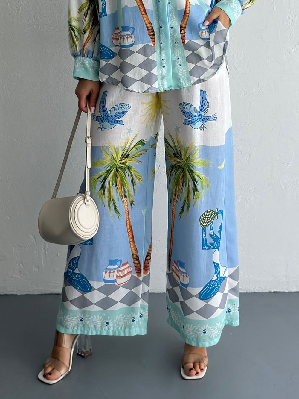 Unique Coastal Palm Tree Print Wide-Leg Pants Blue