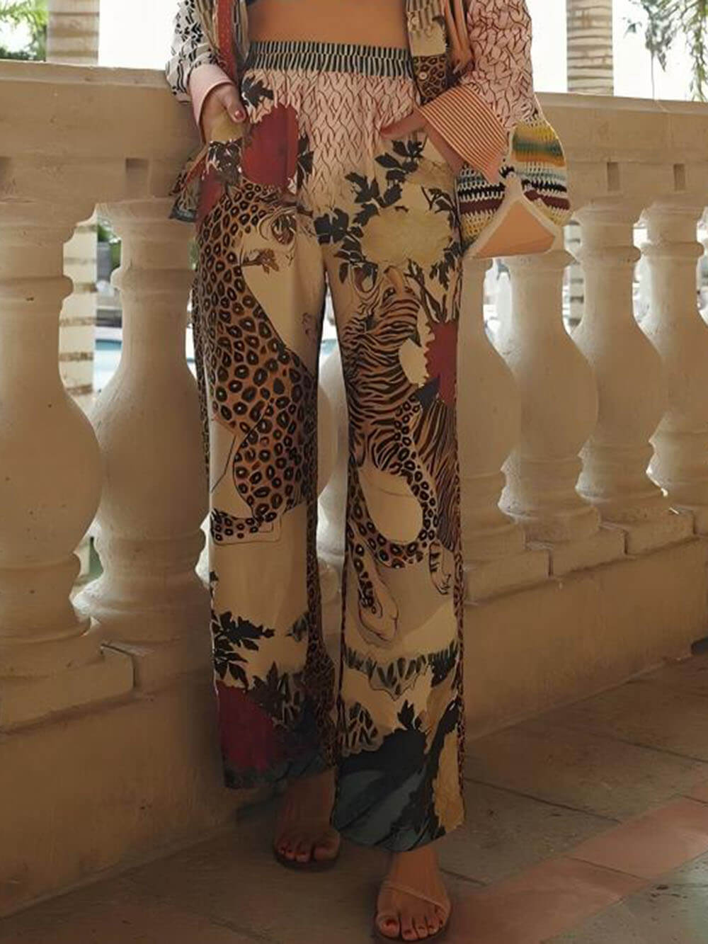 Unique Tropical Jungle Tiger Print Elastic Waist Pants Brown