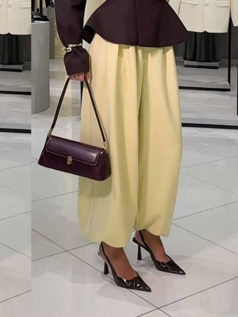 Retro Ruched High-Waist Lantern Pants Yellow
