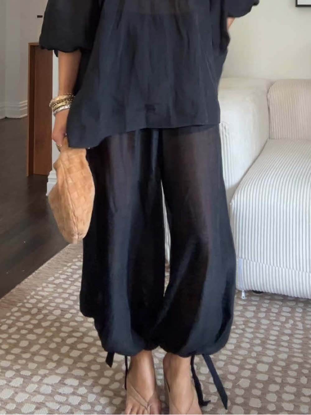Casual Chiffon Elastic Waist Knotted Bloomer Black