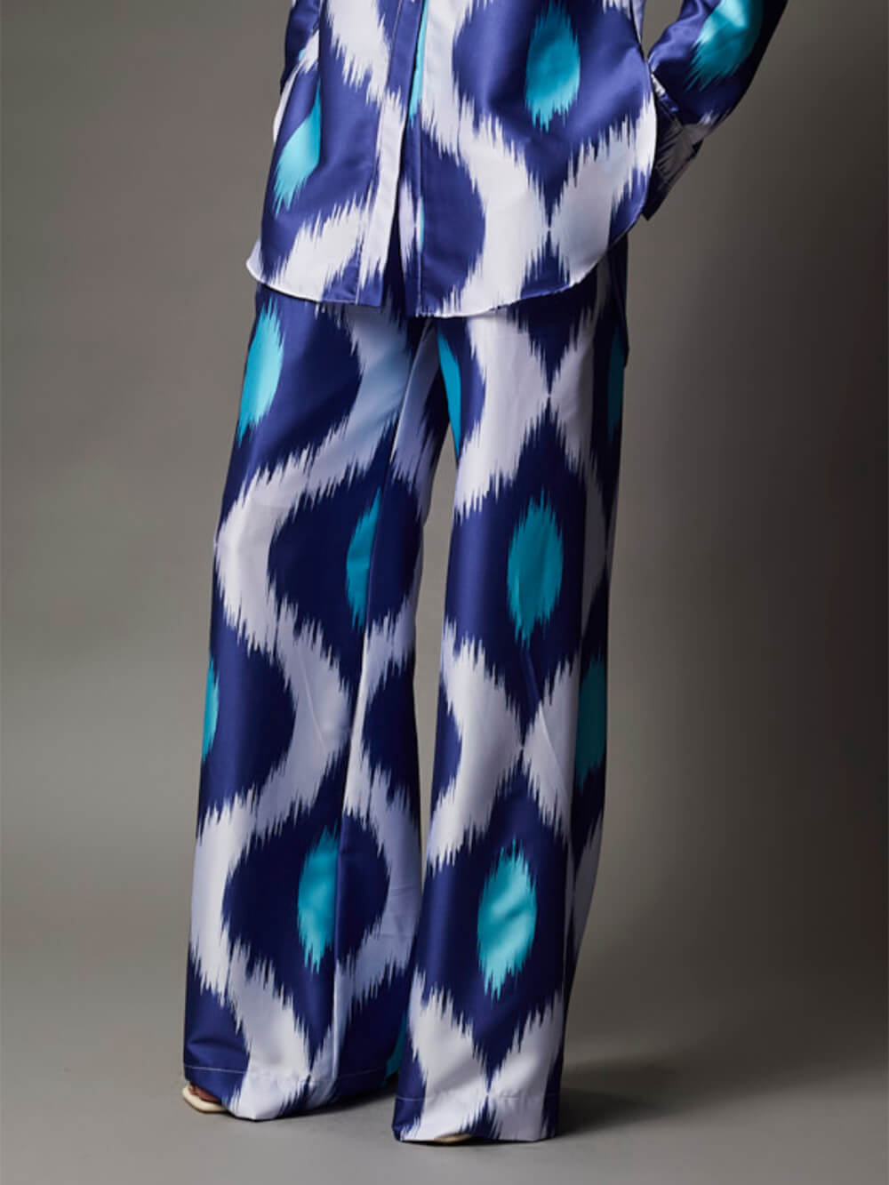 Classic Satin Printed With Elastic Waist & Pockets Wide-Leg Pants Blue