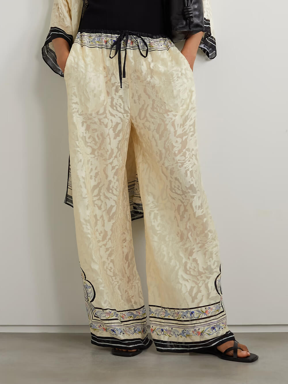 Unique Print Satin Lace-Up Ealastic Waist Wide-Leg Pants Cream
