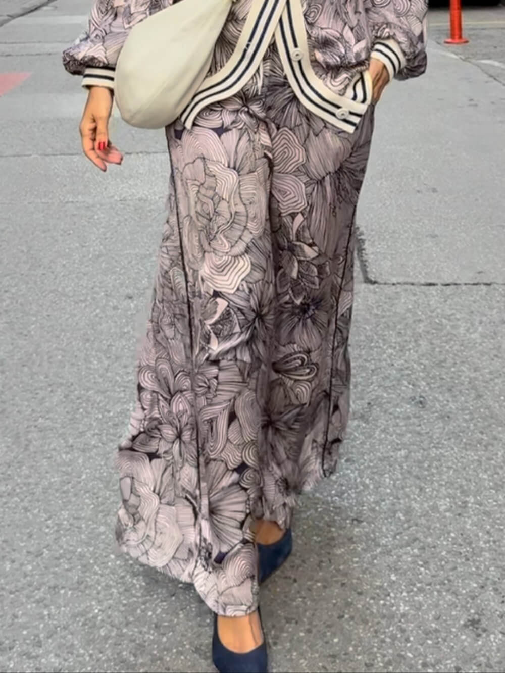 Unique Floral Print Ribbon Splice Pockets Elastic Waist Wide-Leg Pants Multicolor