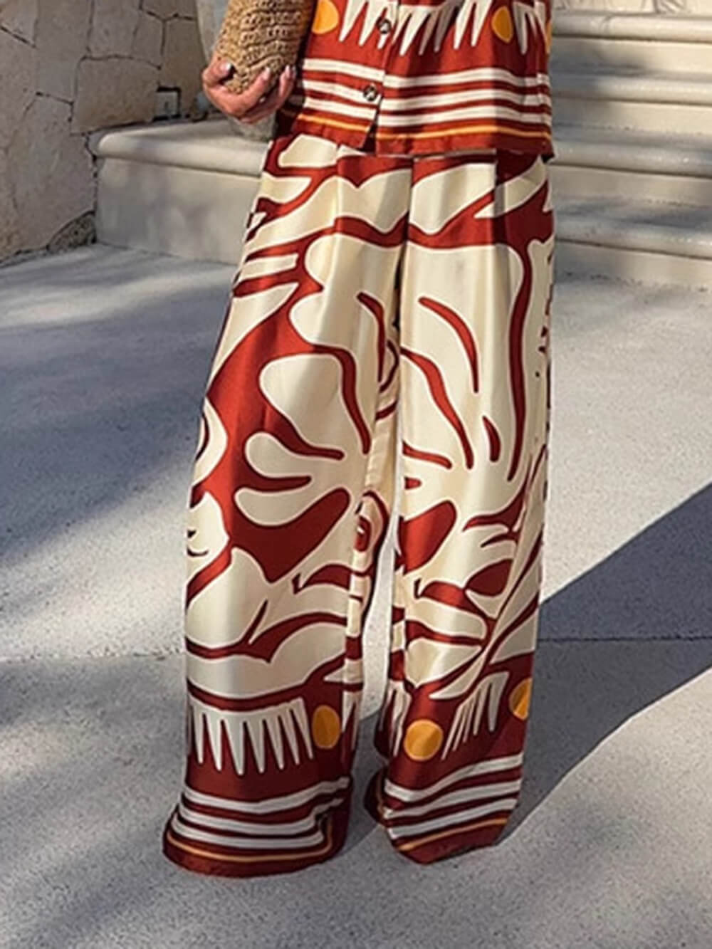 Unique Printed Satin High-Waisted Wide-Leg Pants Orange