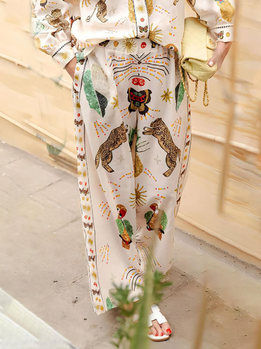 Fashionable Tiger Pattern Print Linen Loose Pocket Wide-Leg Pants Multi-color