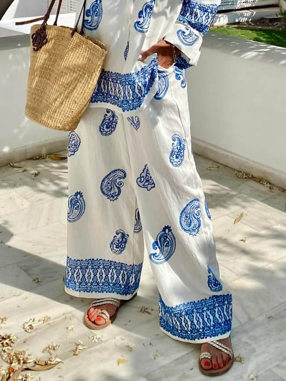 Unique Ethnic Pattern Print Loose Elastic Waist Pocket Wide-Leg Pants Blue