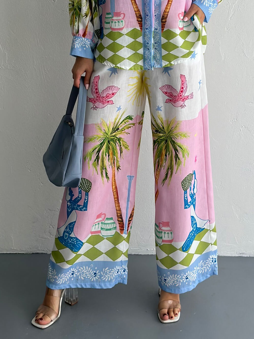Unique Coastal Palm Tree Print Wide-Leg Pants Pink