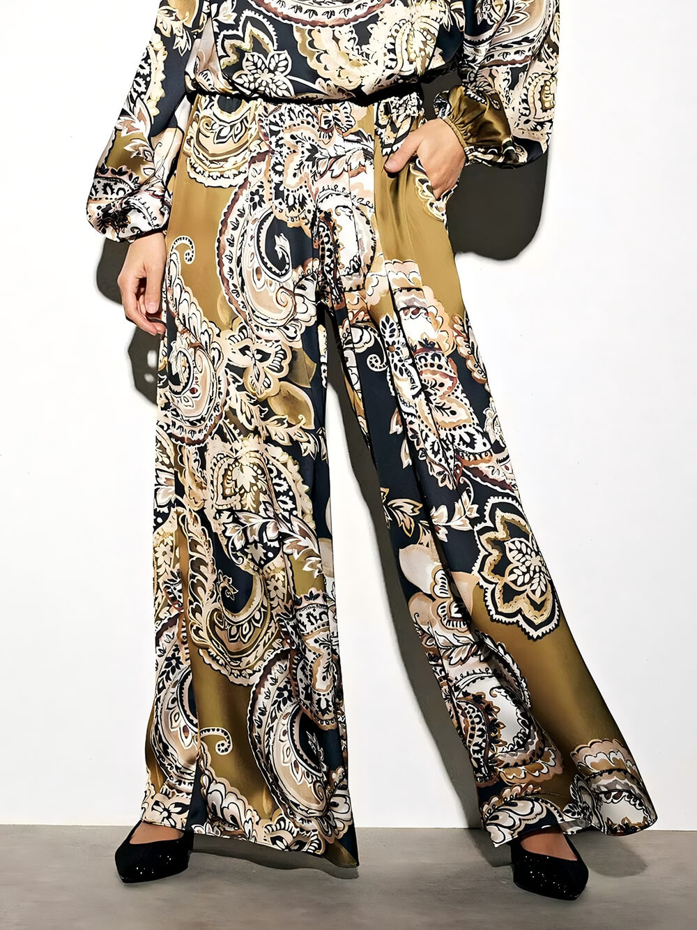 Exquisite Satin Paisley Print Elastic-Waist Wide-Leg Pants Multicolor