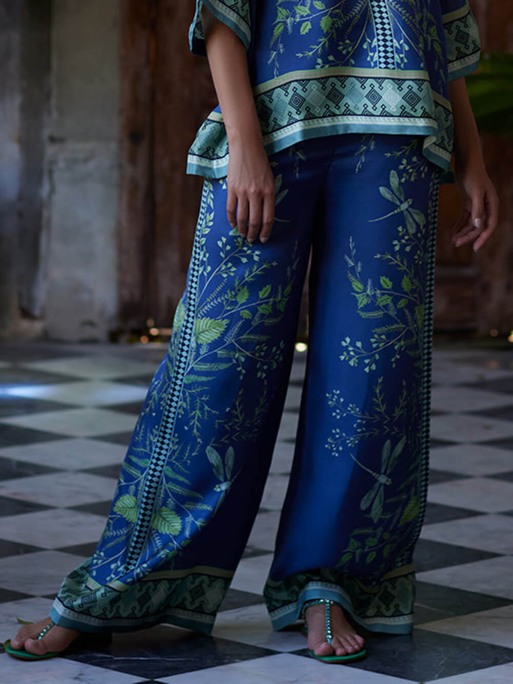 Ocean Elegance Botanical Print Elastic Waist Loose Wide Leg Pants Blue