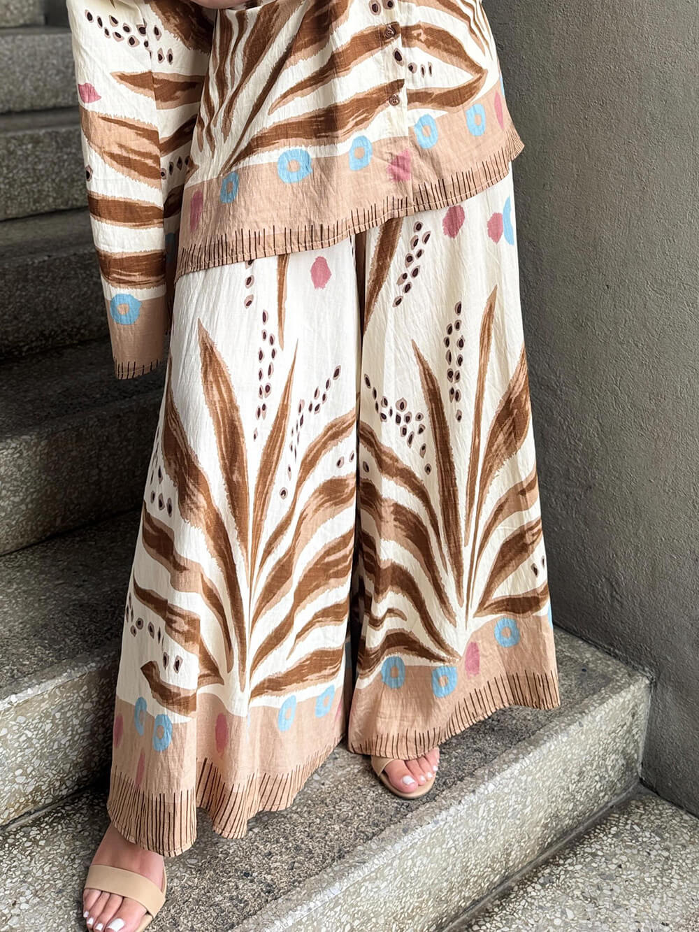 Unique Bohe Print Colorblock Elastic Waist Loose Fit Wide Leg Pants Multicolor