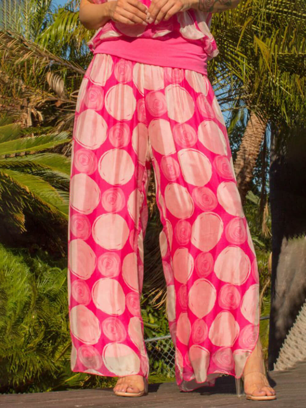 Bohemian Swirl Dot Print Elastic Waistband and Hem Side Slits Slits Pants Pink