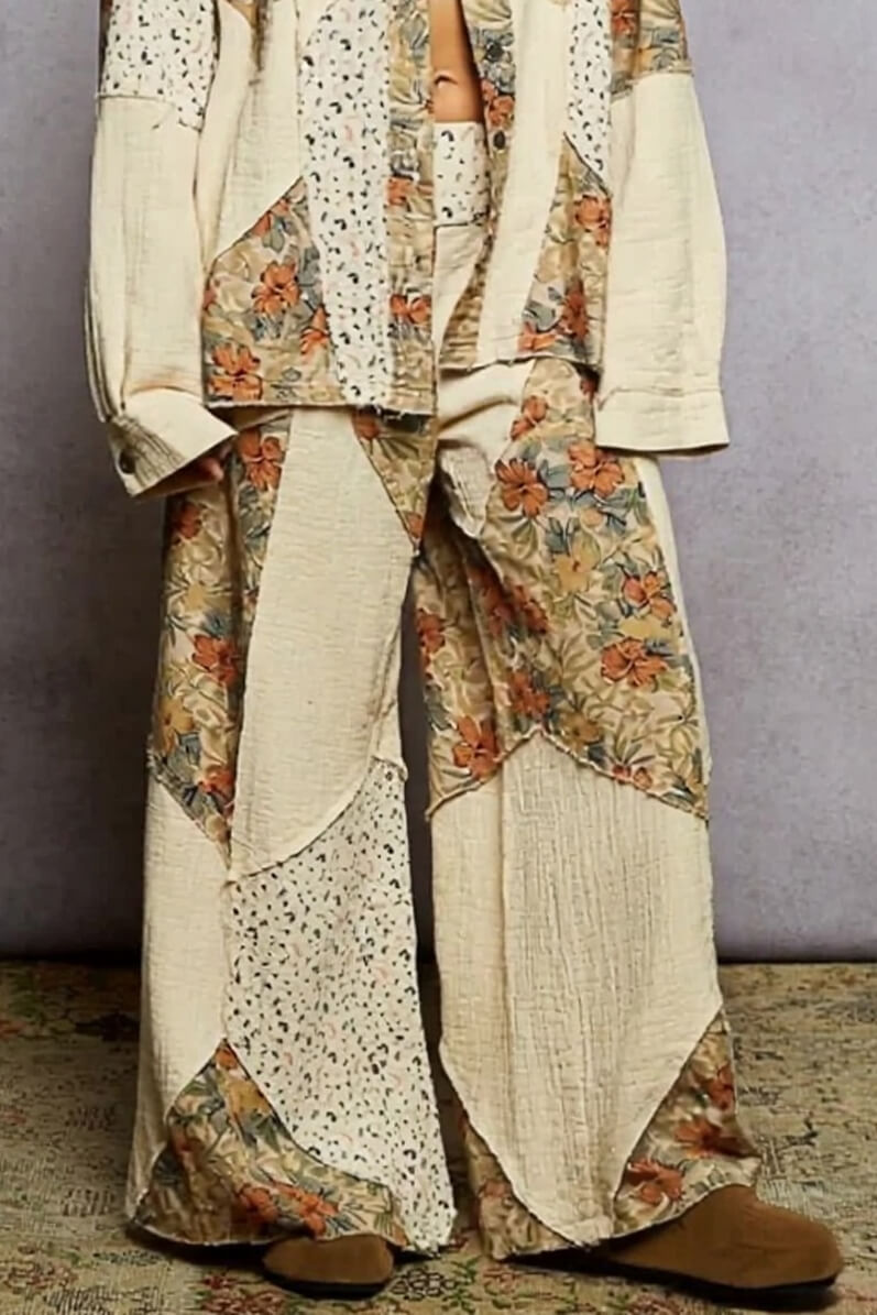 Bohemian Floral Print Patchwork Wide-Leg Pants Multicolor