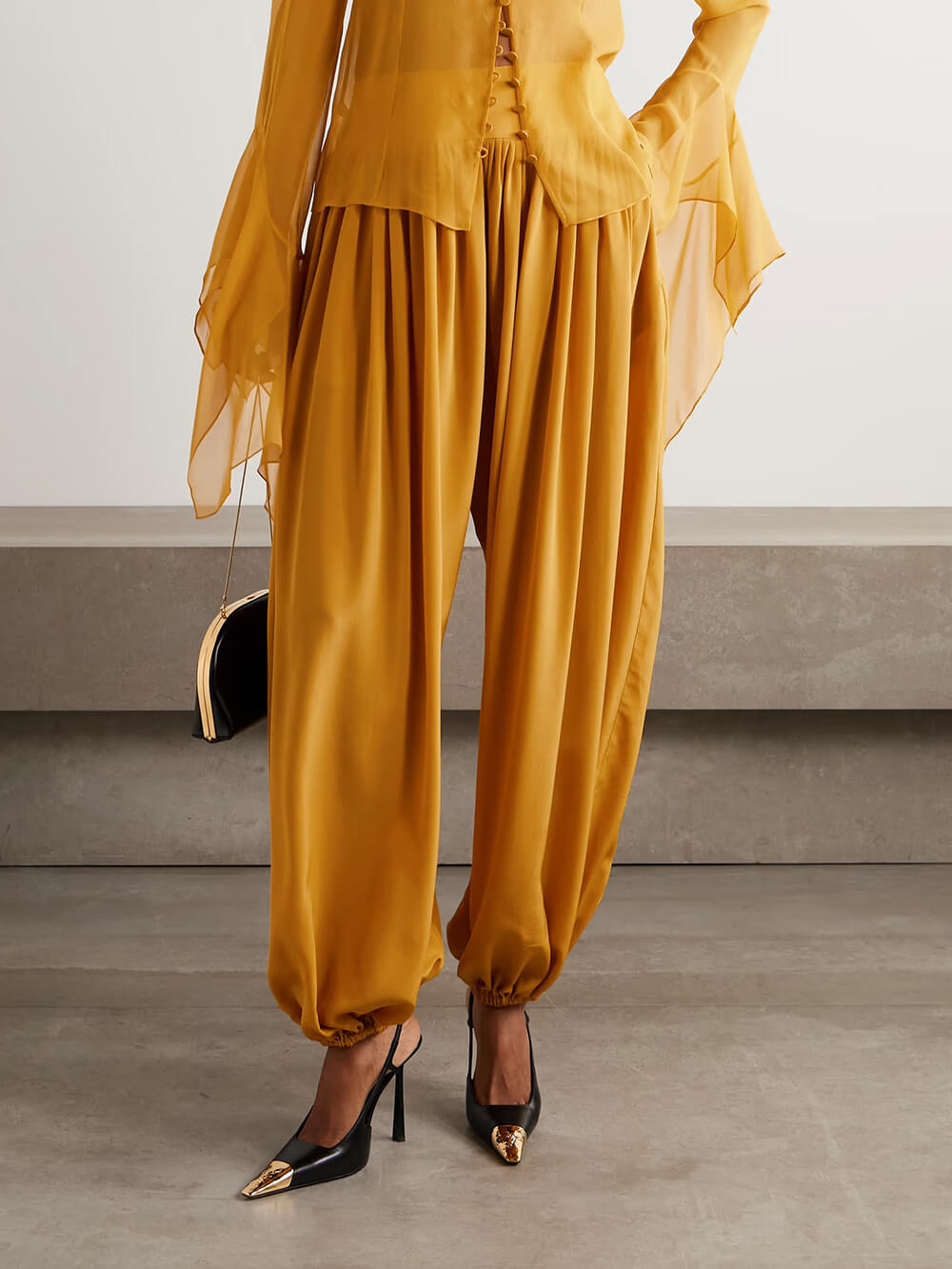 Elegant Pleated Satin Pocket Tapered Pants Yellow
