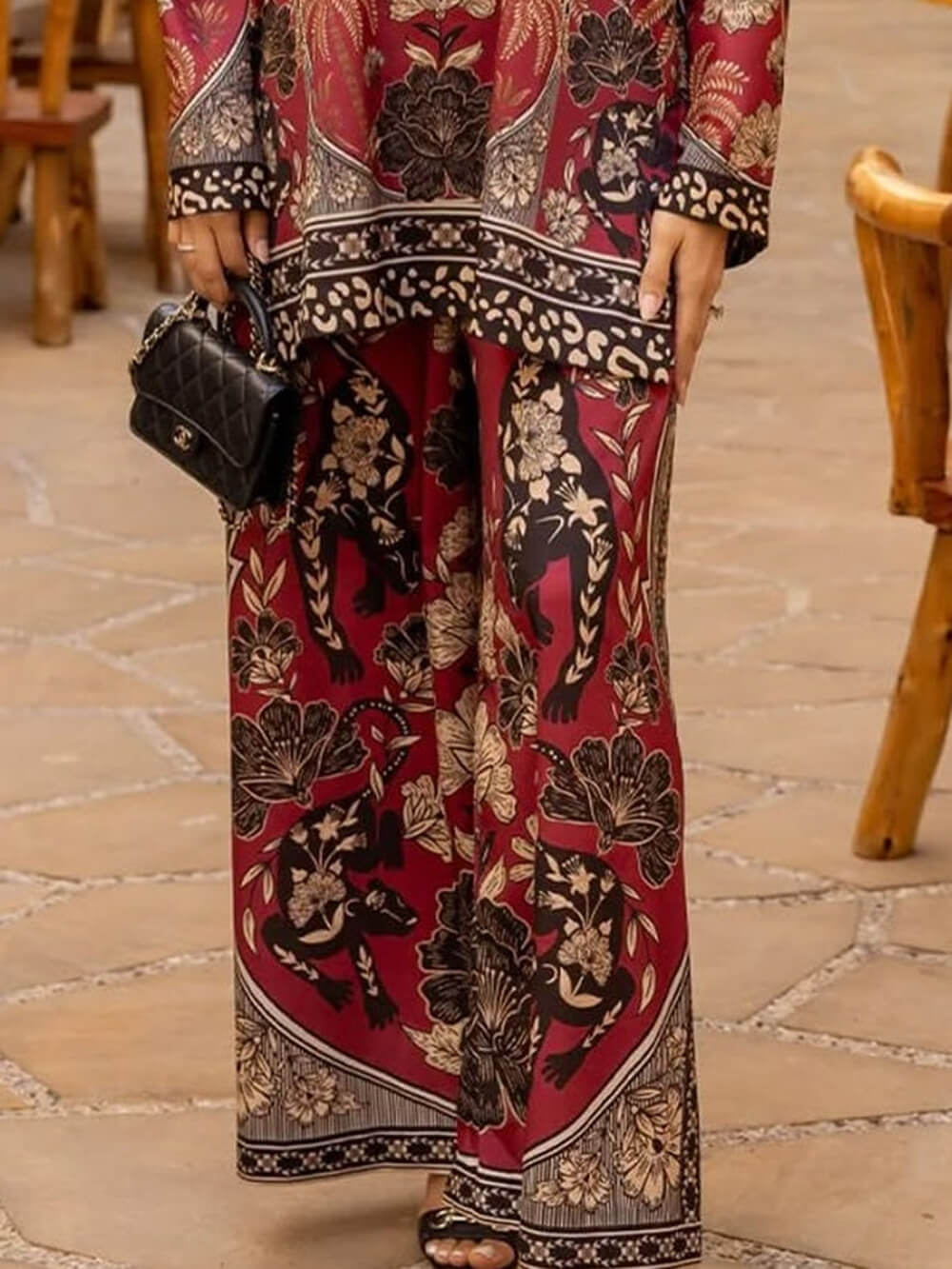Unique Floral Patchwork With Elastic Waist Wide-Leg Pants Red