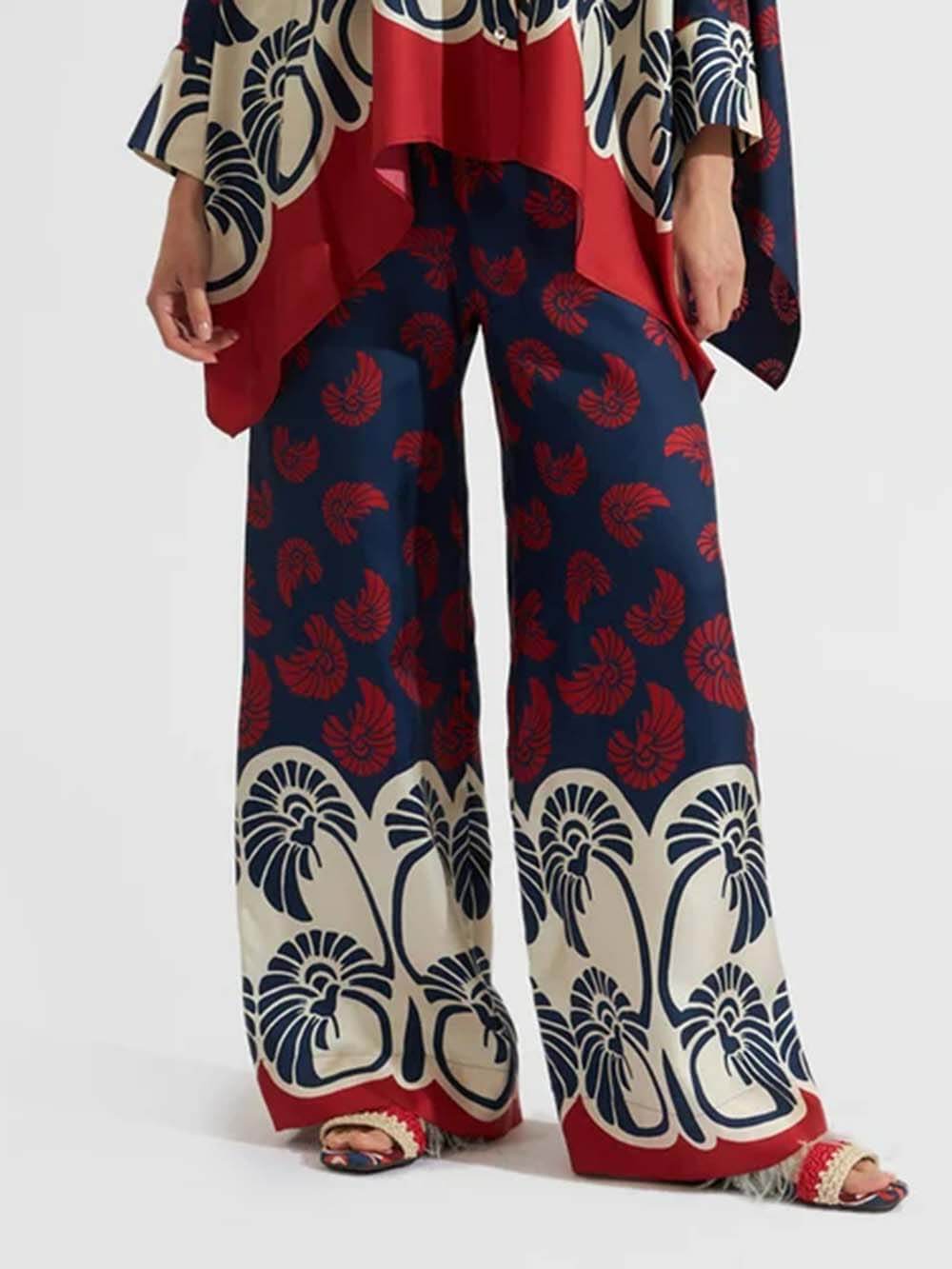 Unique Printed Patchwork Elastic Waist Wide-Leg Pants Red