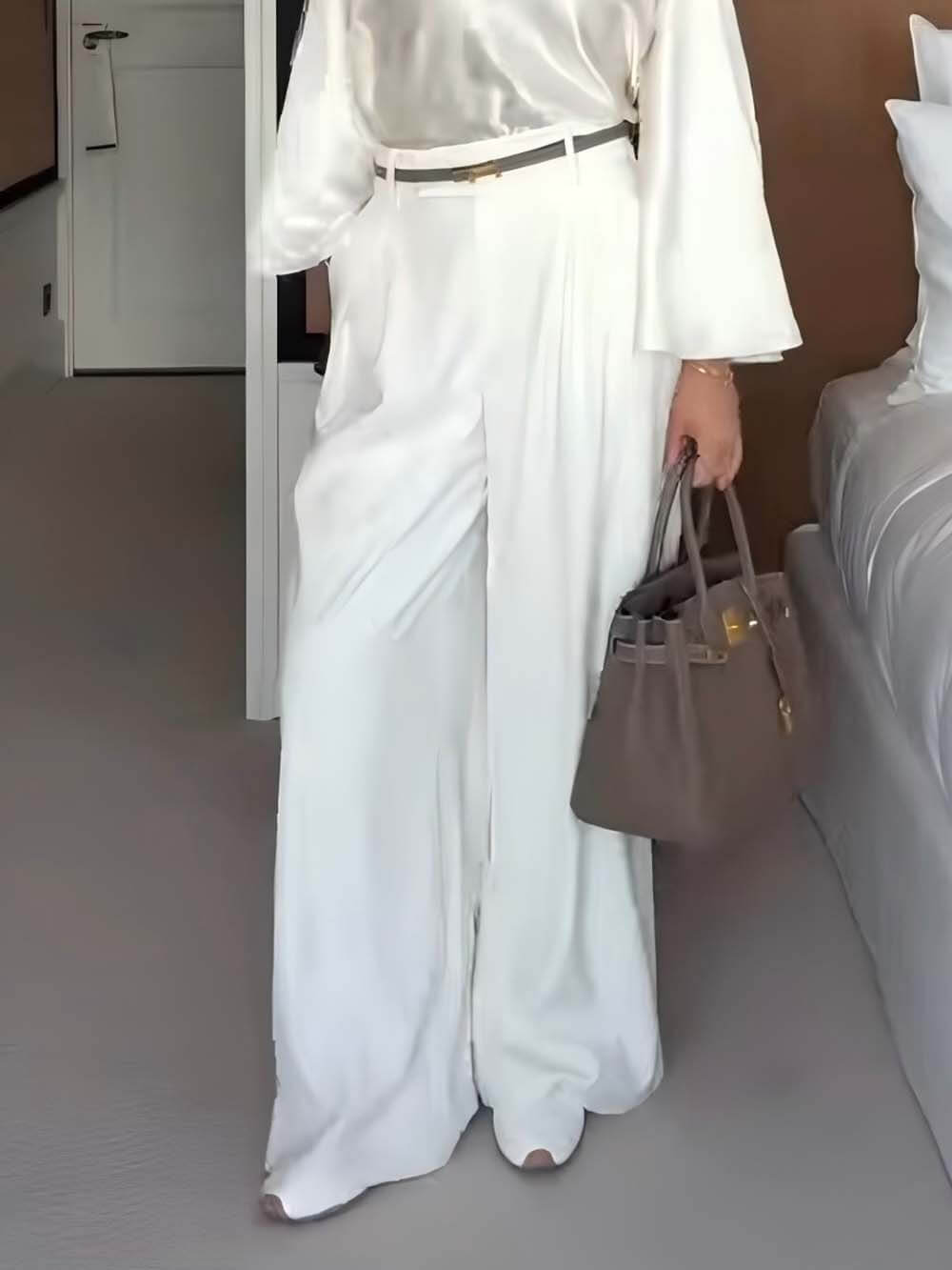 Exquisite Pleated Pocket Wide-Leg Pants Ivory