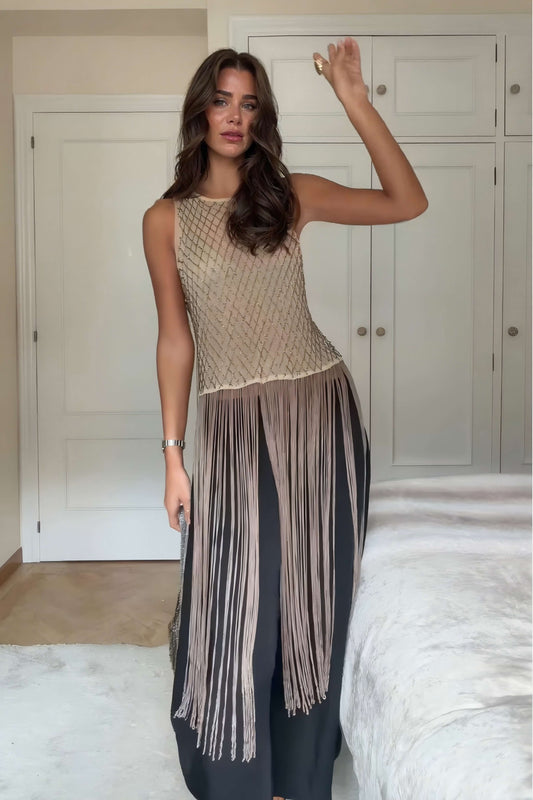 Fashionable Tassel-Trimmed Beaded Sleeveless Top