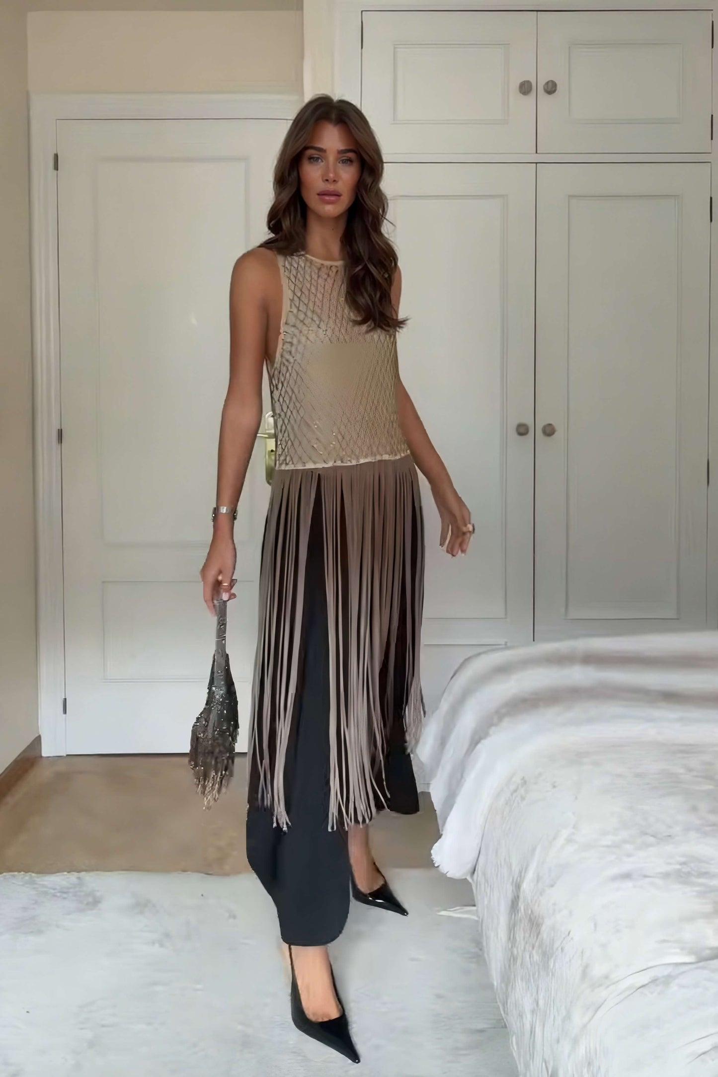 Fashionable Tassel-Trimmed Beaded Sleeveless Top