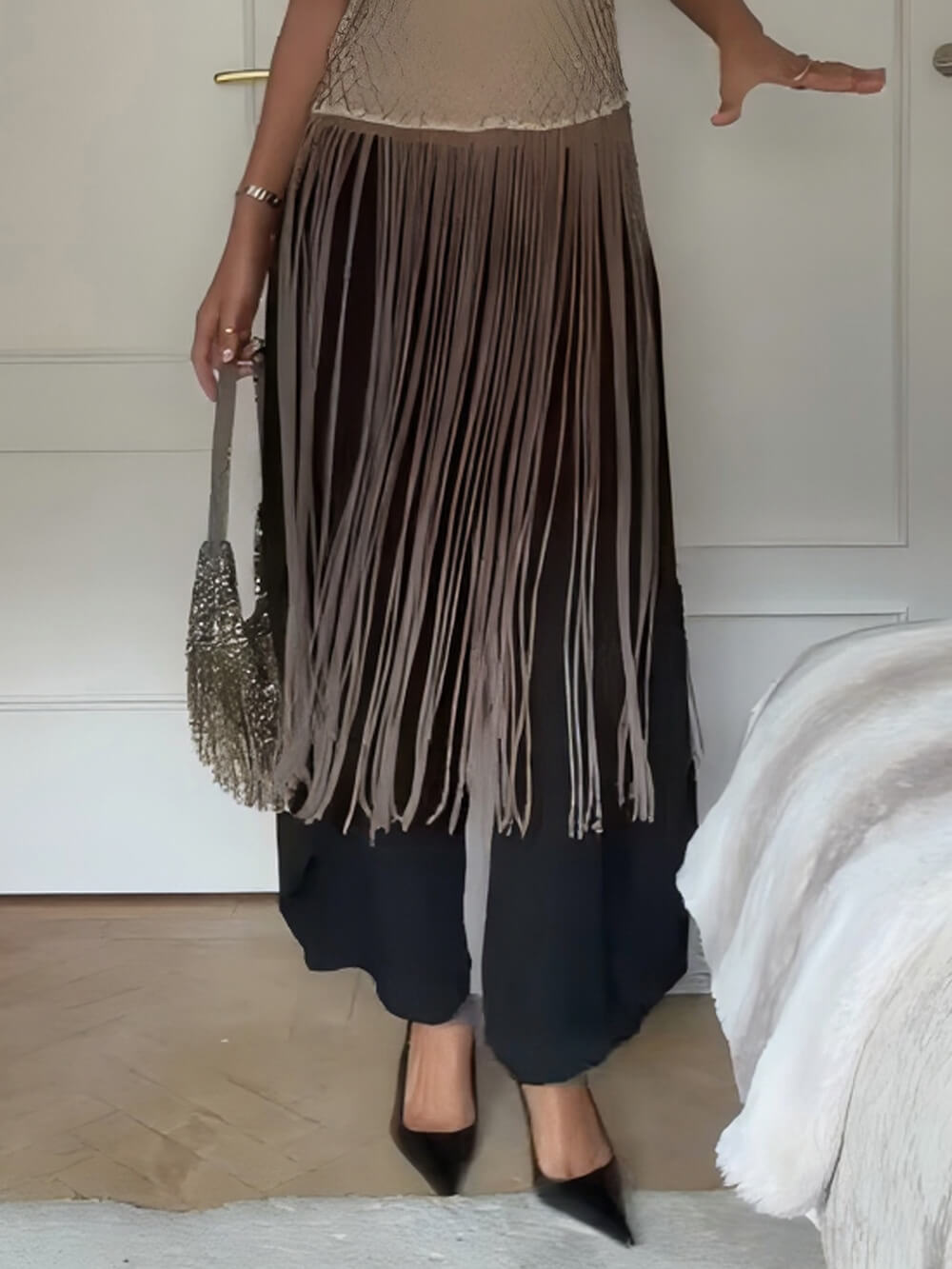Fashionable Asymmetrical Elastic Waist Wide-Leg Pants Black