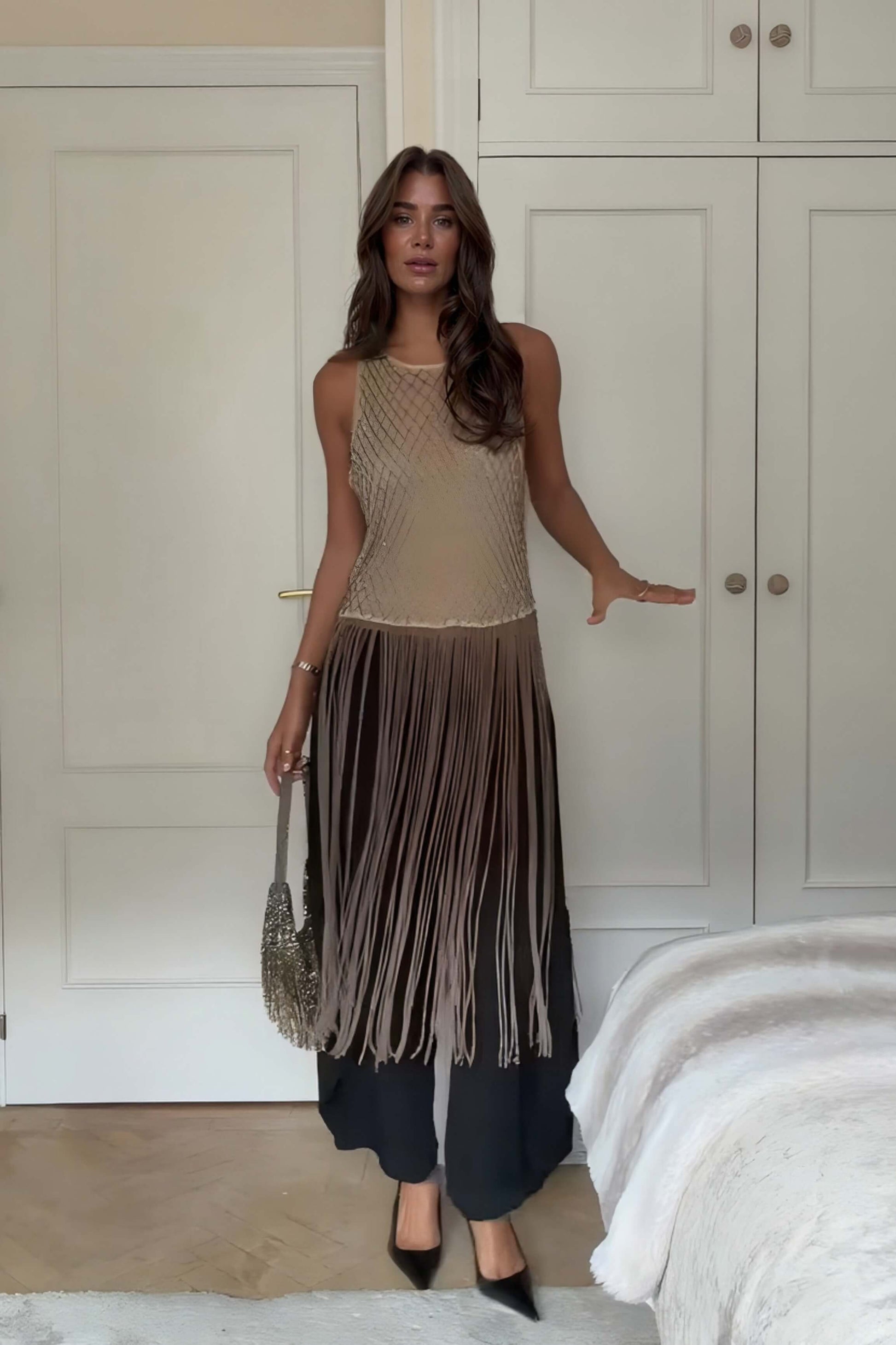 Fashionable Tassel-Trimmed Beaded Sleeveless Top
