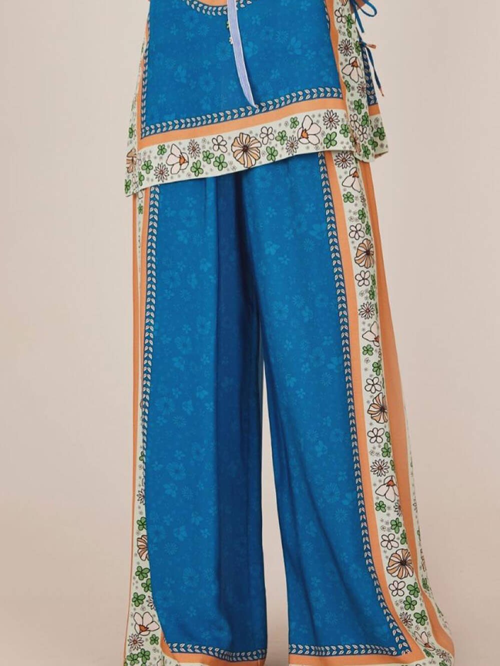 Classic Unique Floral Print Elastic Waist Pocket Loose Wide Leg Pants Blue