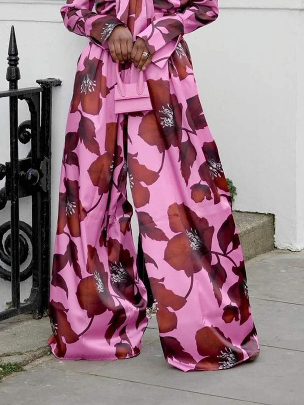 Unique Floral Print Loose High-Waist Wide-Leg Pants Pink