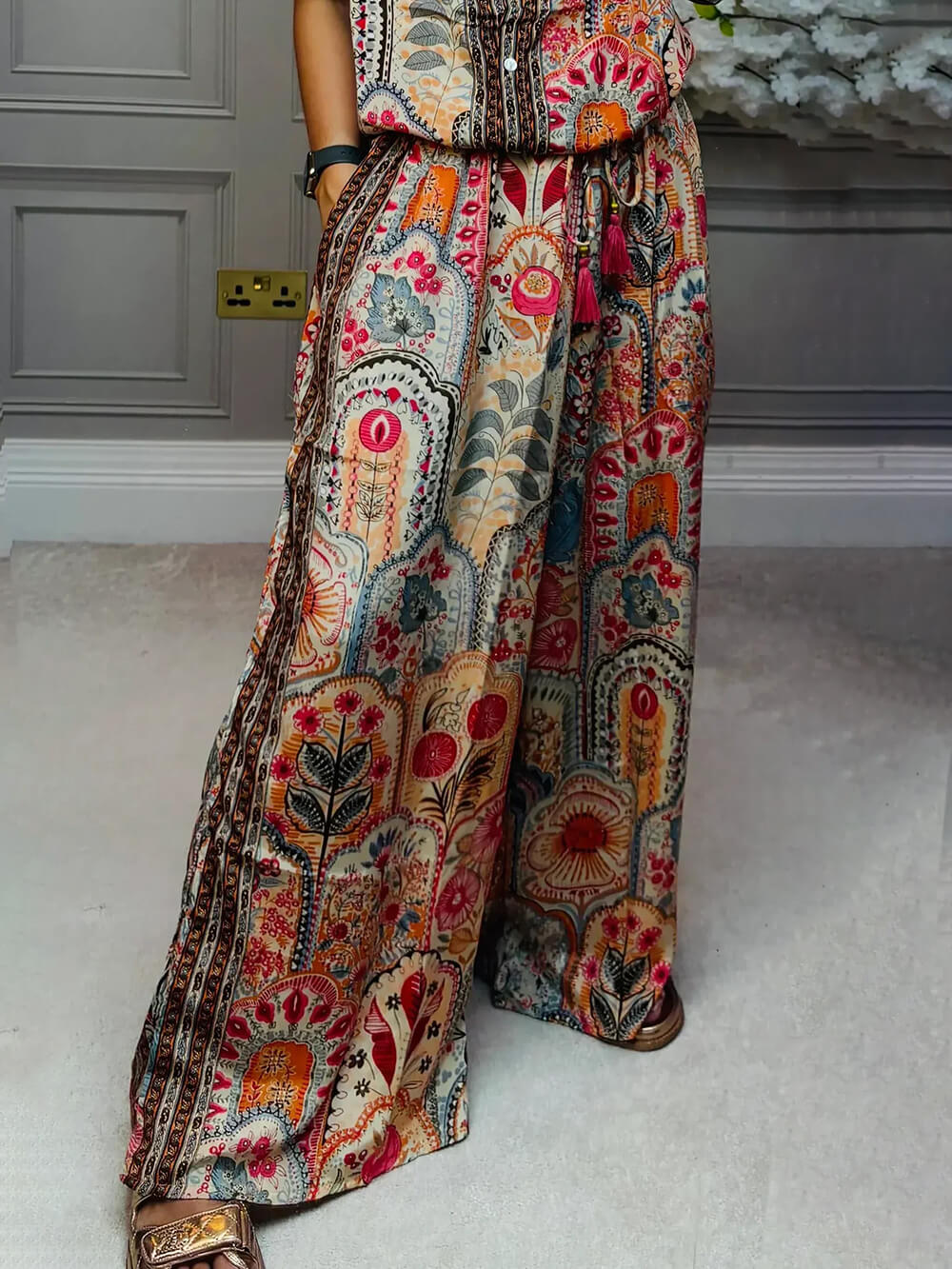 Boho Print Tassel Detail Casual Elastic Waist Pocket Wide-Leg Pants Red