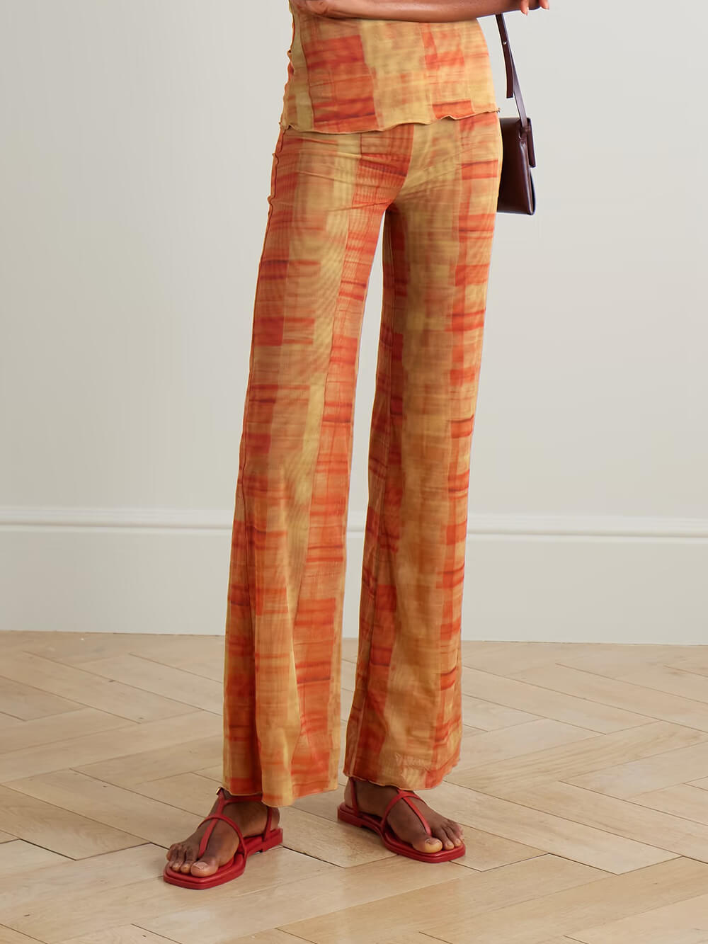 Unique Plaid Print Stretch Mesh Straight-Leg Pants Orange