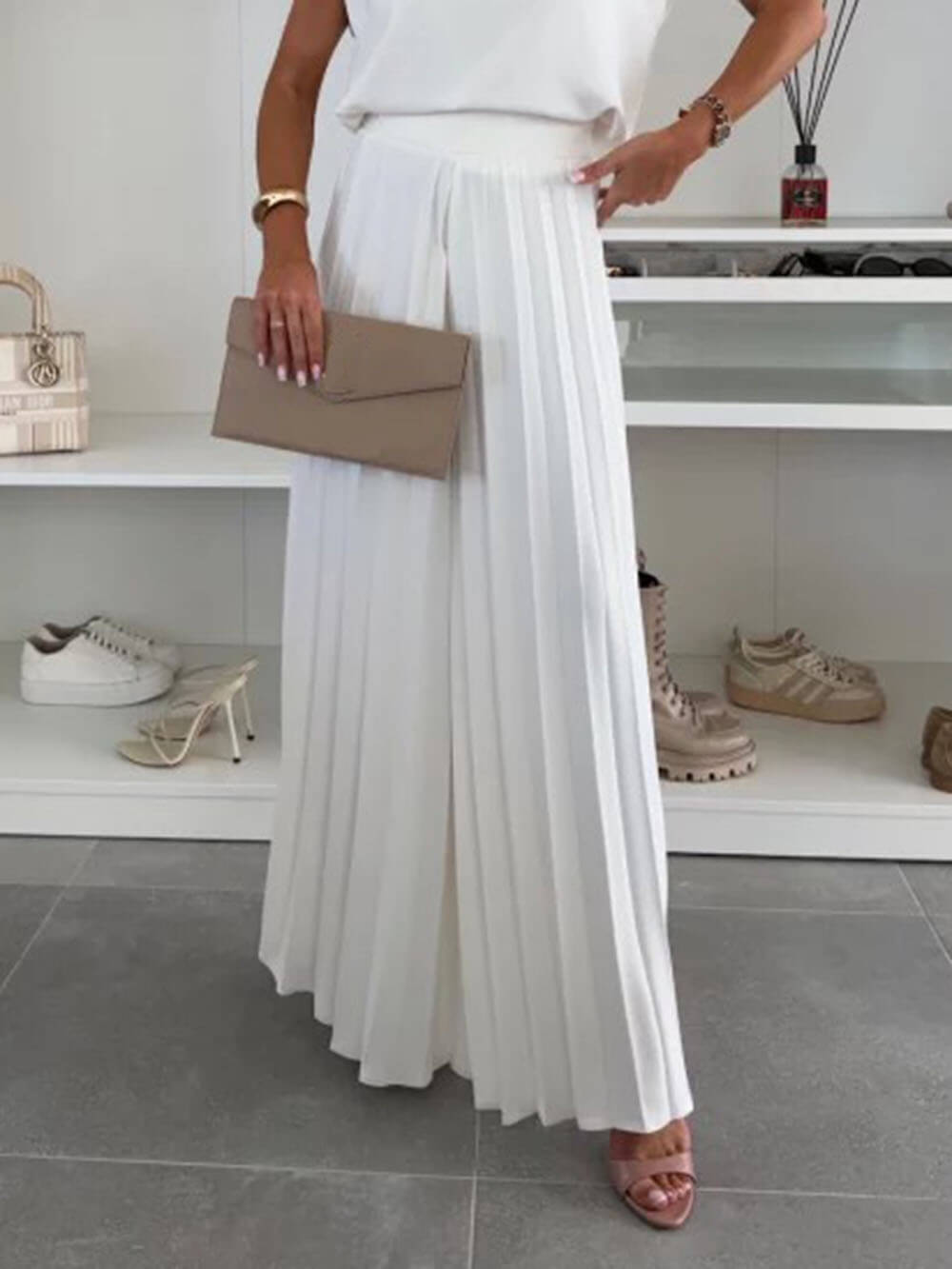 Fashionable Elastic Waist Pleated Wide-Leg Pants White