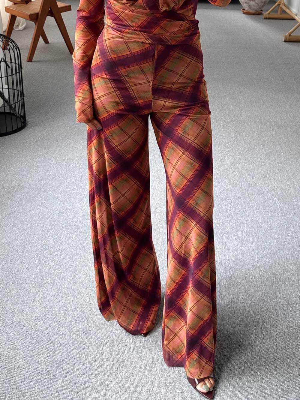 Unique Plaid Print Sheer High-Waist Straight Pants Multicolor