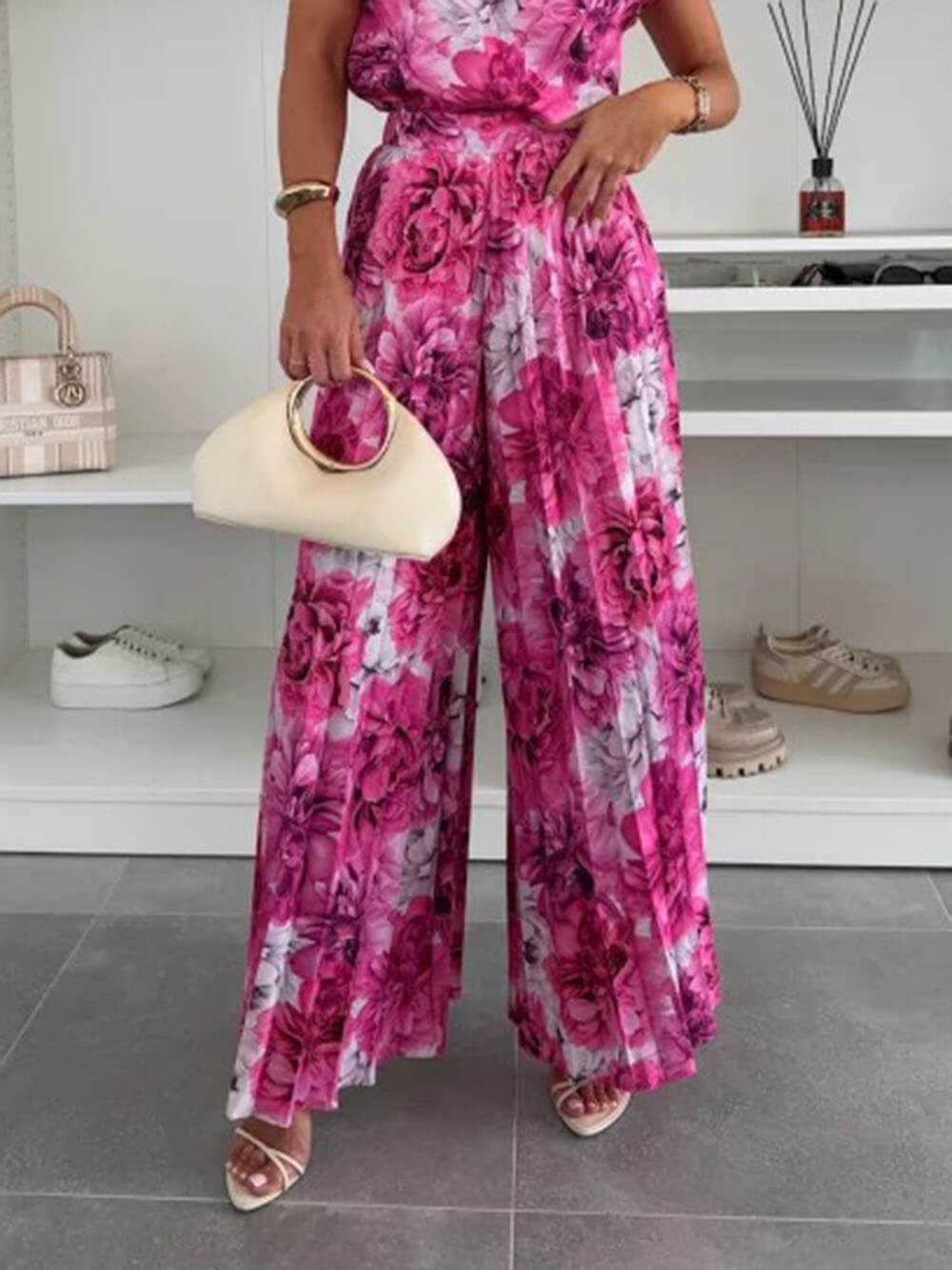 Fashionable Elastic Waist Pleated Wide-Leg Pants Rose Red