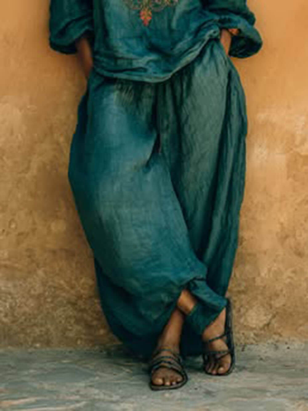 Boho Cotton-Linen Pockets Wide-Leg Pants Green