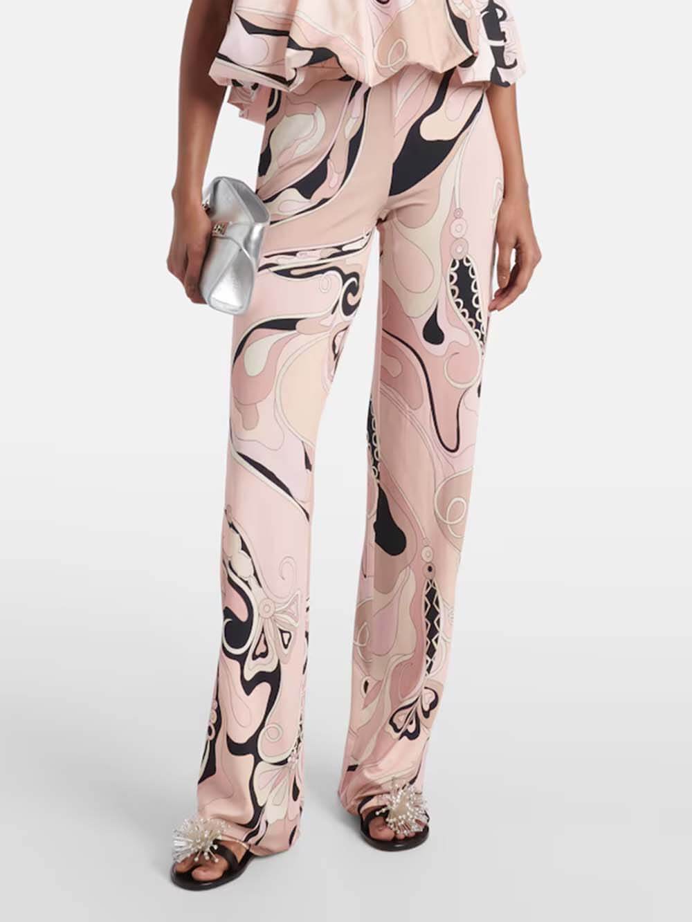 Exquisite Orchid Print Elastic Waist Straight-Leg Pants Pink