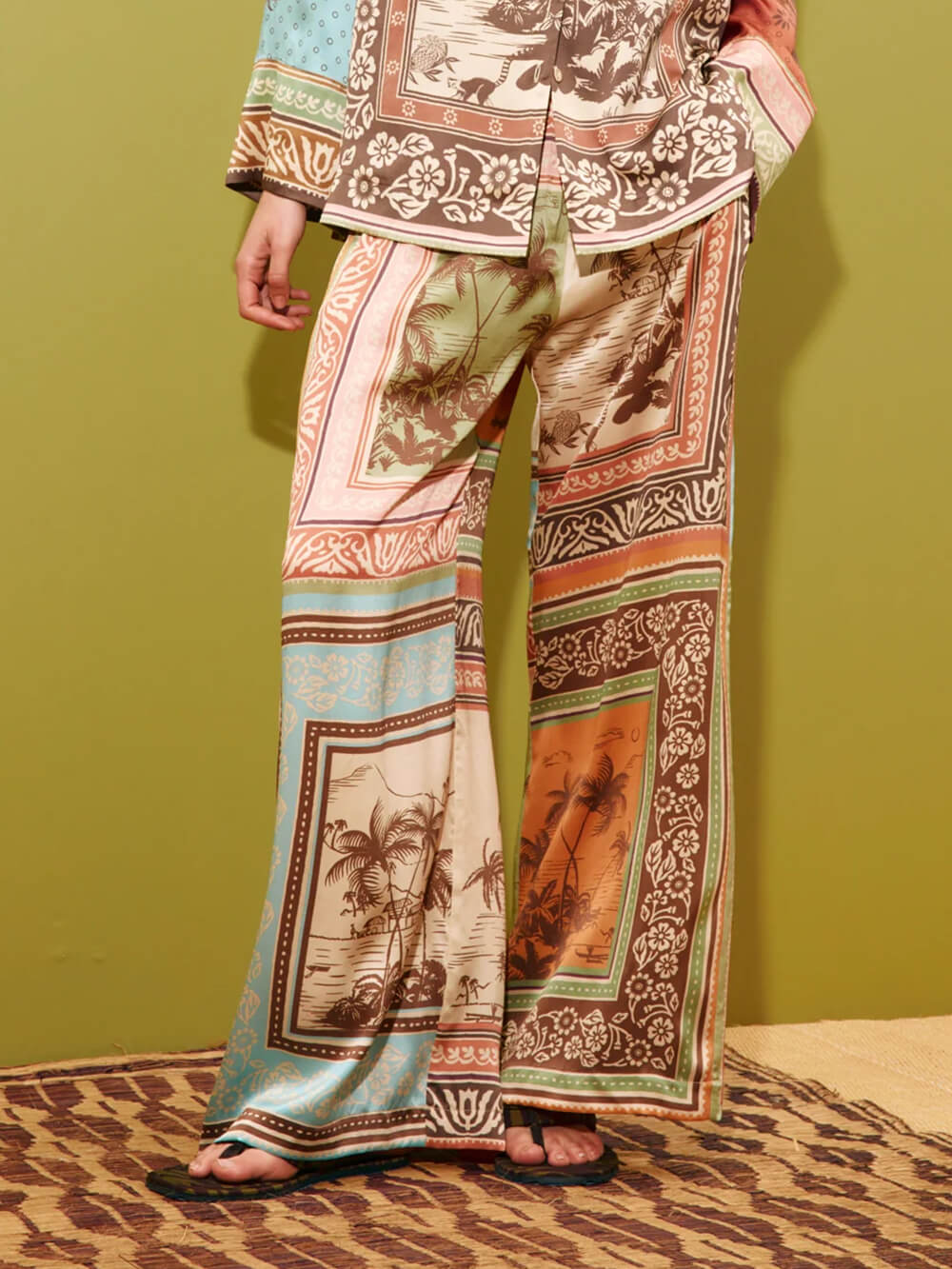Unique Satin Floral Print Elastic-Waist Wide-Leg Pants Multicolor Pants