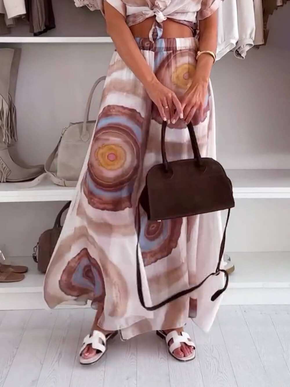Casual Trendy Printed Elastic Waist Wide-Leg Pants Brown