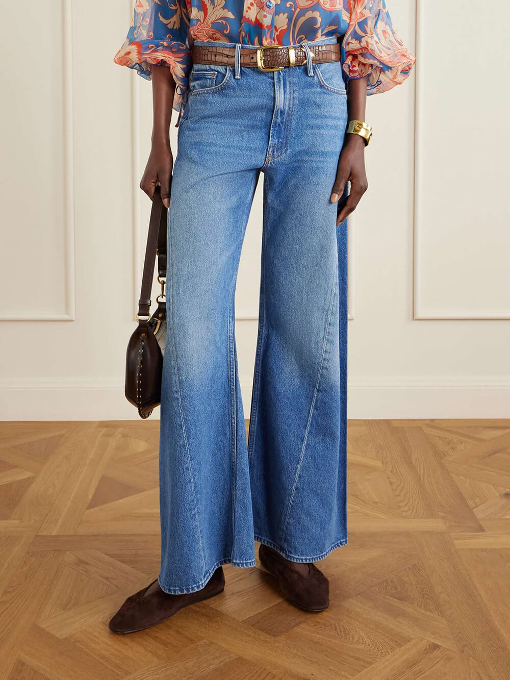 Modern Asymmetric Panel Mid-Rise Wide Leg Jeans Blue