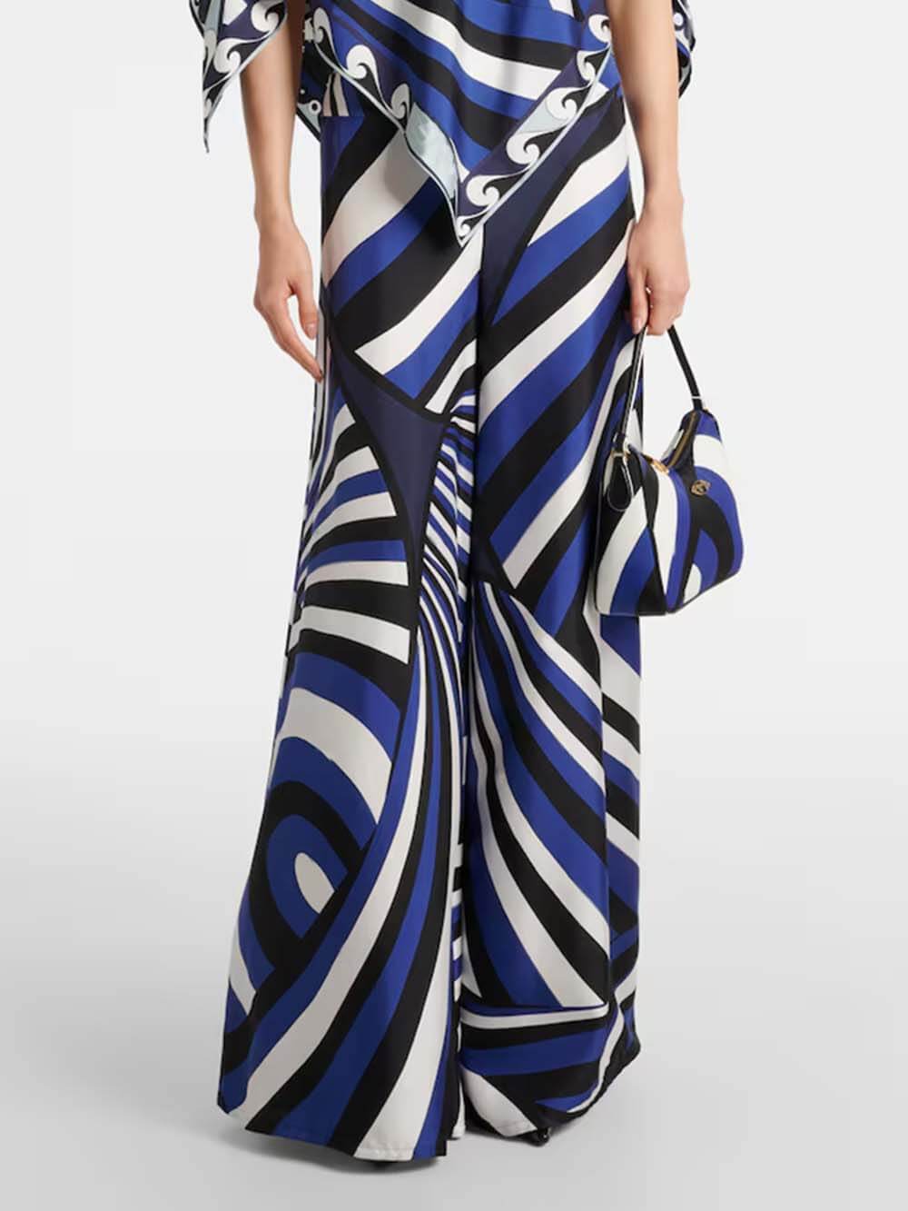 Unique Rainbow Print Satin Elastic Waist Loose Wide-Leg Pants Blue