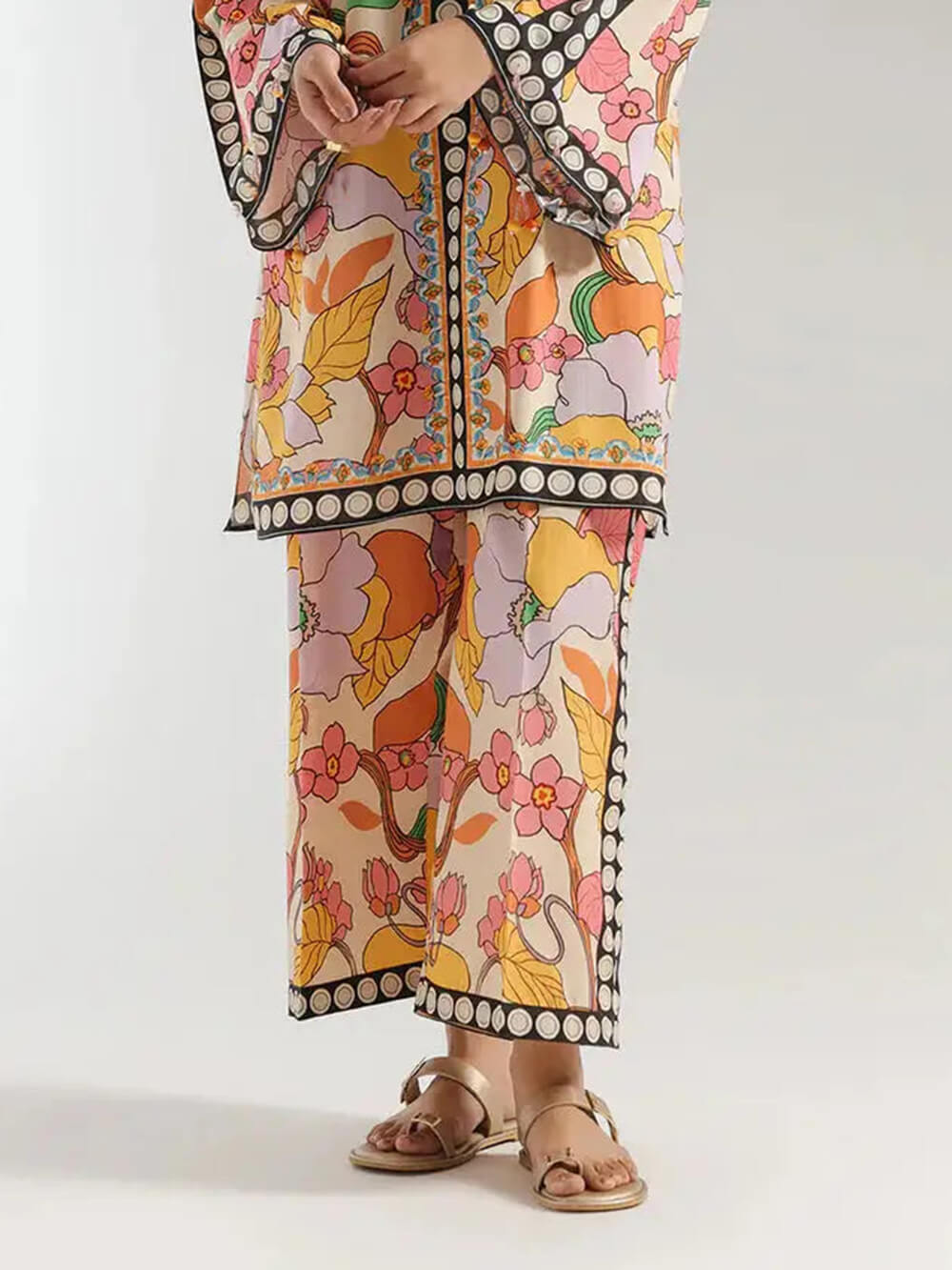 Bohemian Ethnic Print Colorblock Wide-Leg Pants Multi-color