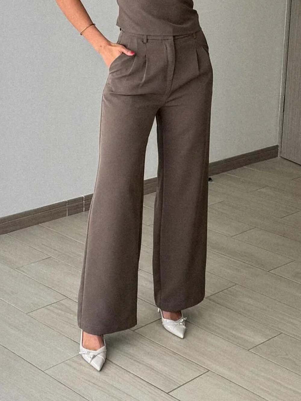 Classic Casual Ruched Pocket Wide-Leg Pants Brown