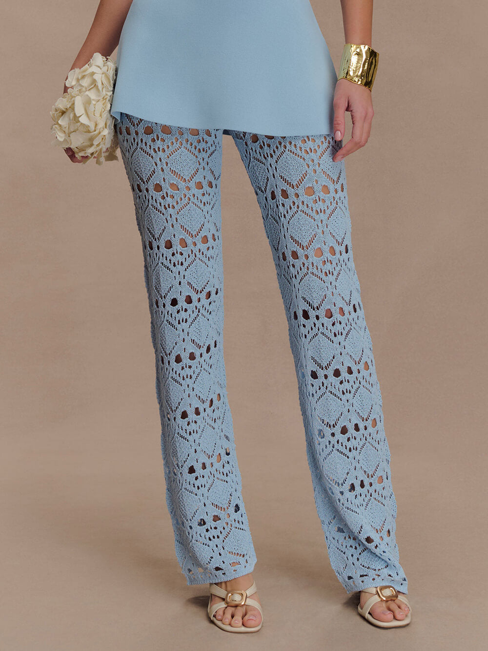 Elegant Crochet Knit Pants Sky Blue