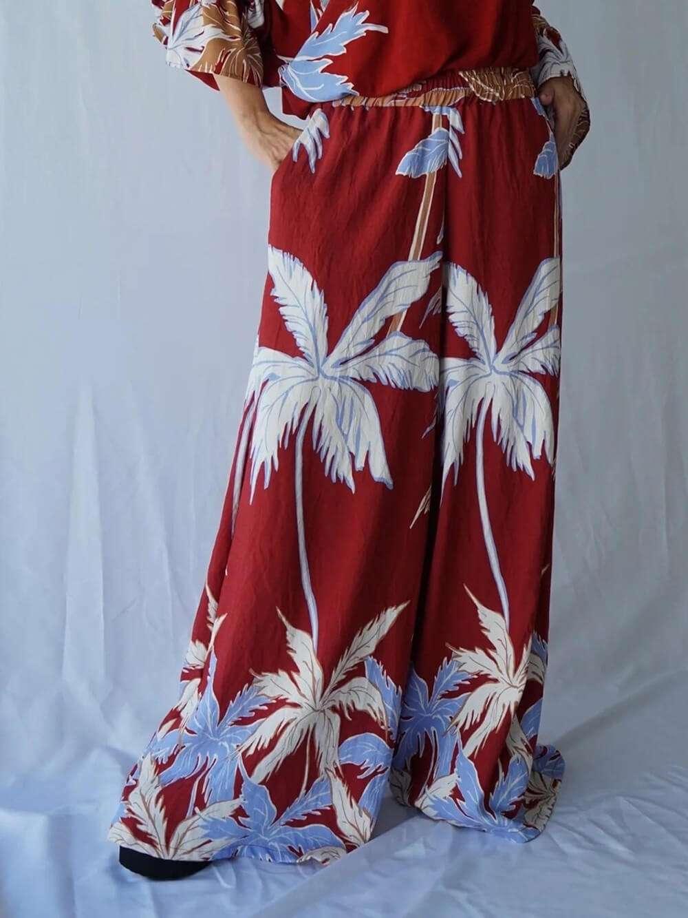 Fashion Casual Tropical Palm Tree Print Elastic Waist Wide-Leg Pants Multicolor