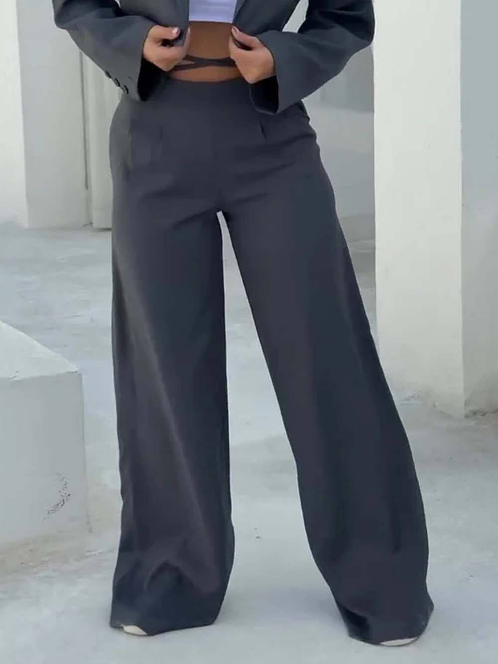 Unique Fashion Tie-Waist Pocket Wide-Leg Pants Grey