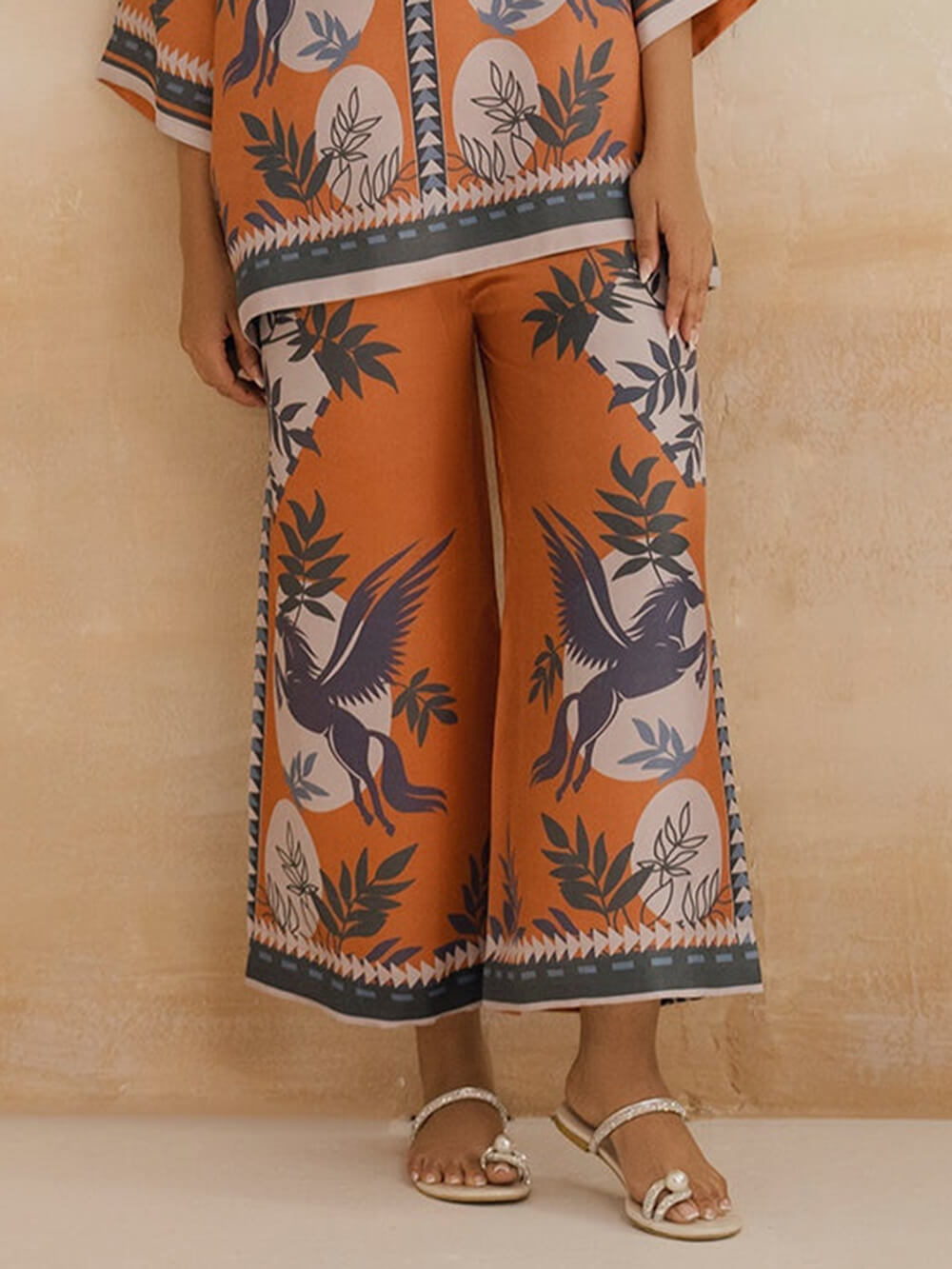Retro Modern Floral Print Contrasting Stitching Elastic Waist Wide-Leg Pants Orange
