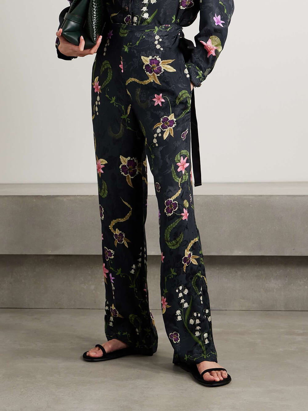 Elegant Floral Print Satin Straight-Leg Pants Blue