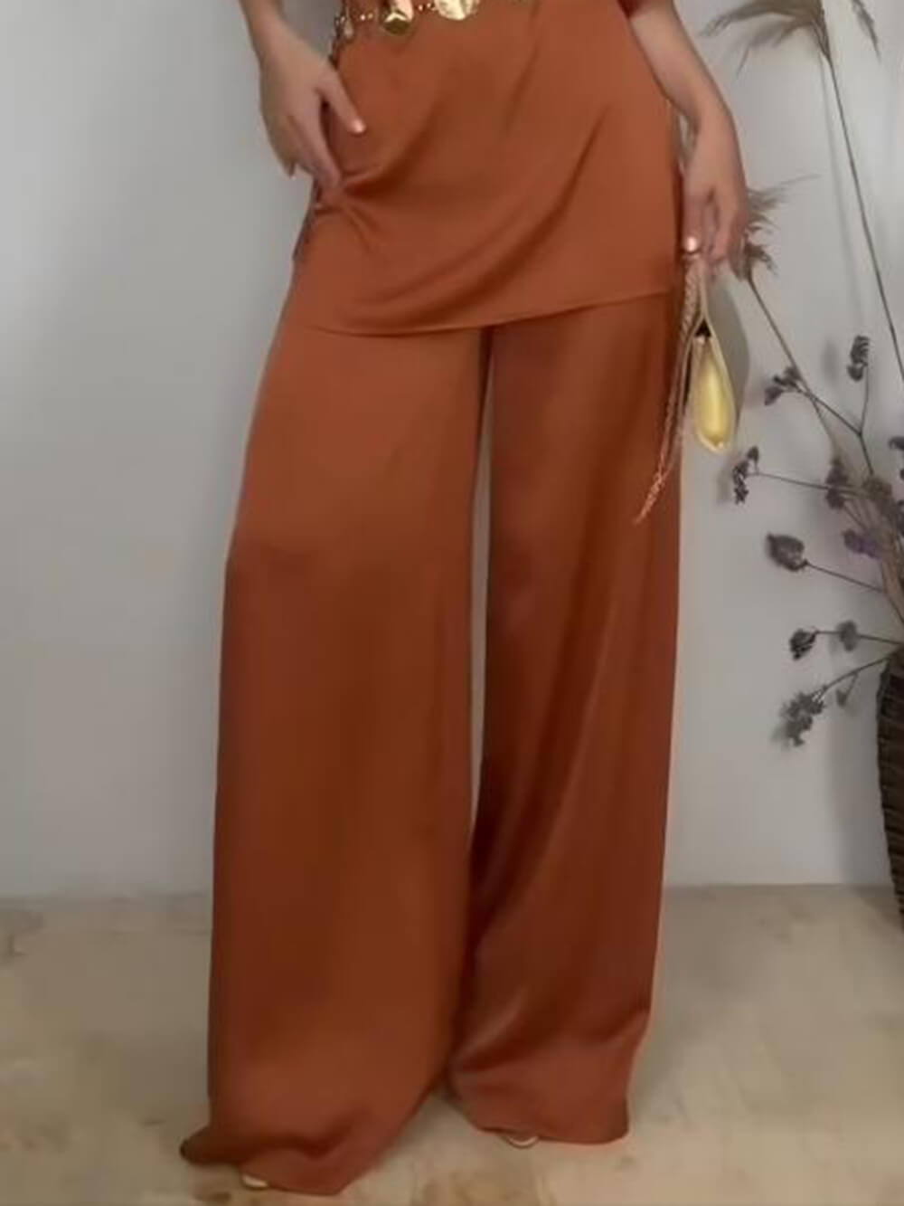 Elegant Pleated Satin High-Waisted Wide-Leg Pants Brick Red