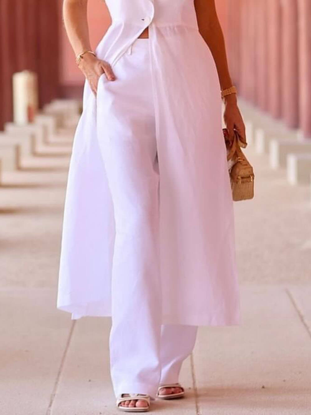 Exquisite Savina Linen Blend Pocketed Wide Leg Pants White