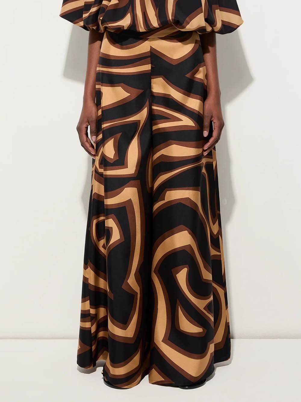 Unique Swirl Print Satin Twill High-Waist Wide-Leg Pants Brown